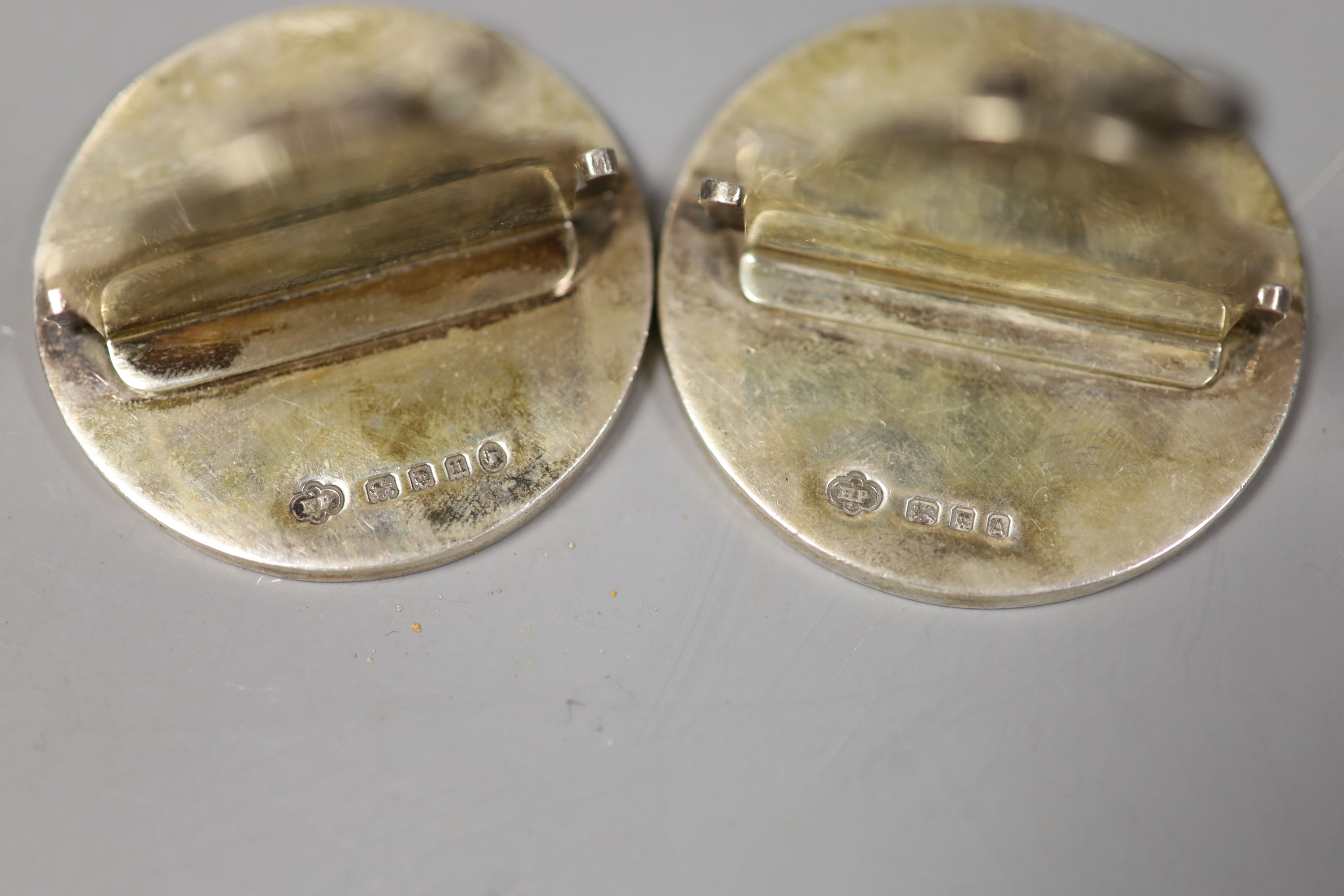 A pair of 1930's Royal Corps of Signals silver menu holders, H. Phillips, London, 1935/6